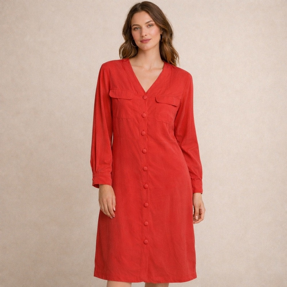 Tess Dress Silk Shirt Dress Womens 14 Coral Red Button Front Midi Vintage Style